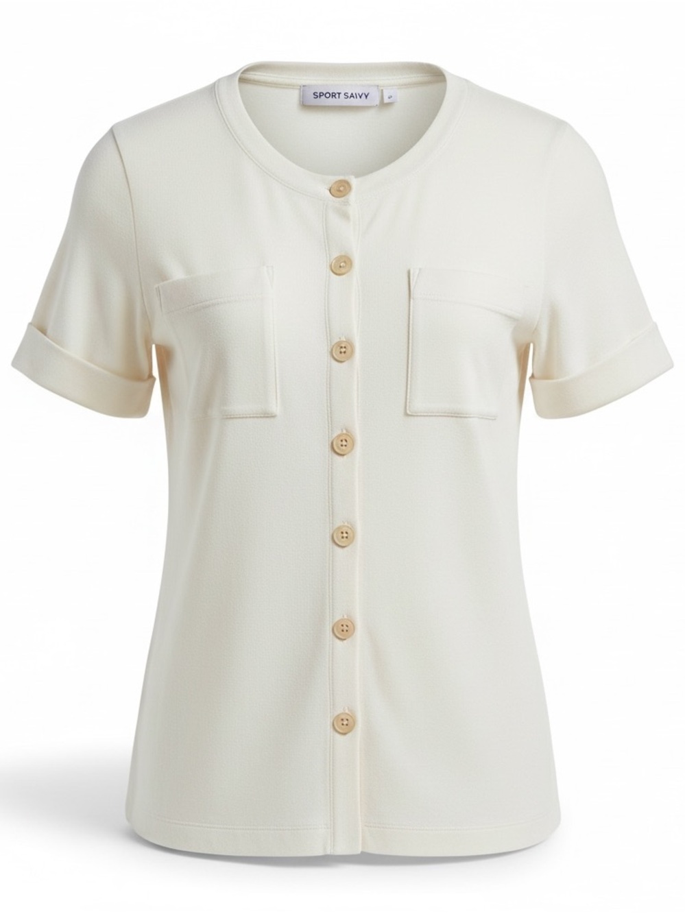 Spear Savvy Crewneck White Short-Sleeve Button Front Tee